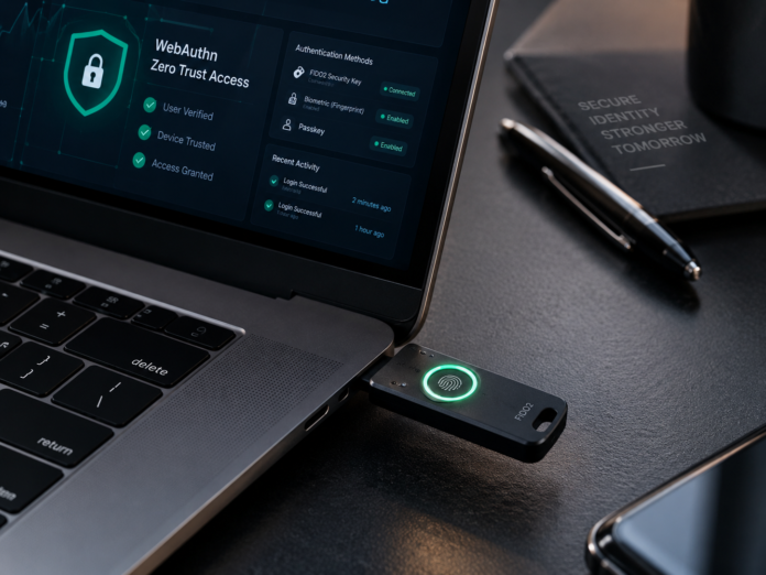 FIDO2 hardware security key plugged into a laptop USB-C port with biometric authentication enabled for remote team security.