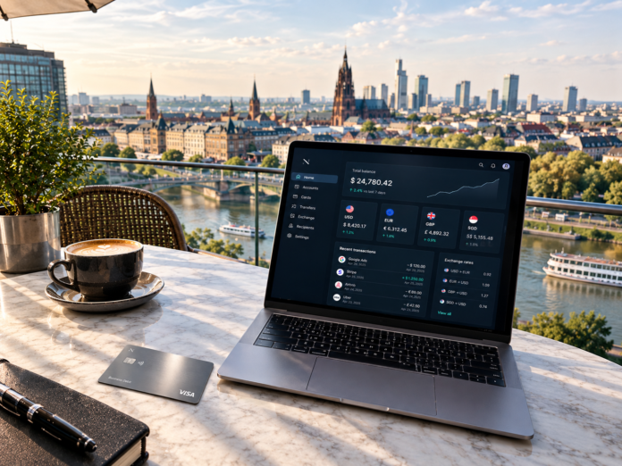 Multi-currency business banking dashboard displaying international currencies on a laptop screen for digital nomads