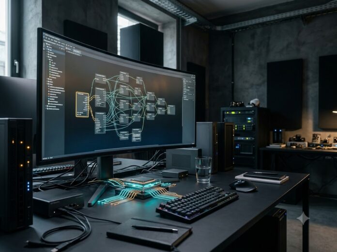 Modular node architecture showing autonomous n8n workflows integrated with local LLMs on a workstation.