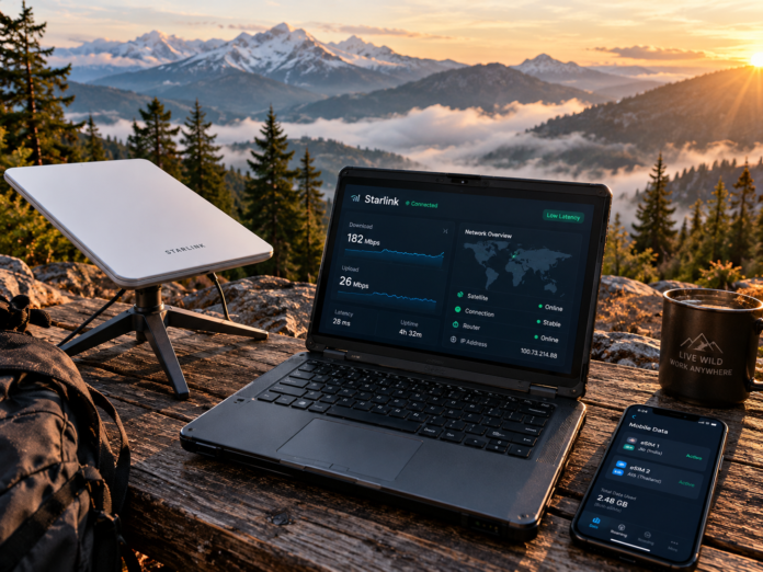 Starlink Mini compact satellite dish and smartphone showing global travel eSIM data profiles at an off-grid mountain campsite.