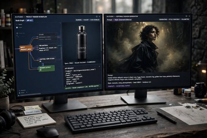 Split screen comparison showing Flux.1 Pro technical product render alongside Midjourney v7 cinematic marketing graphic.