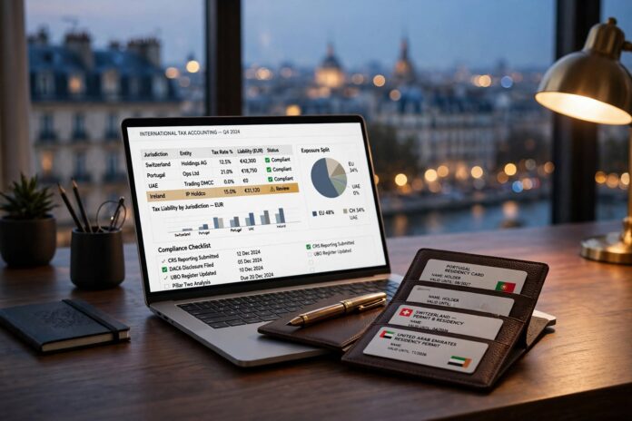 Executive desk setup with laptop displaying international tax spreadsheets, multiple residency cards, and compliance checklist.